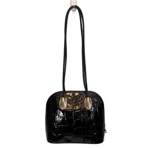 Vintage DUE FRATELLI Paris Tote Shoulder Satchel Bag Crocs Genuine Leather Black